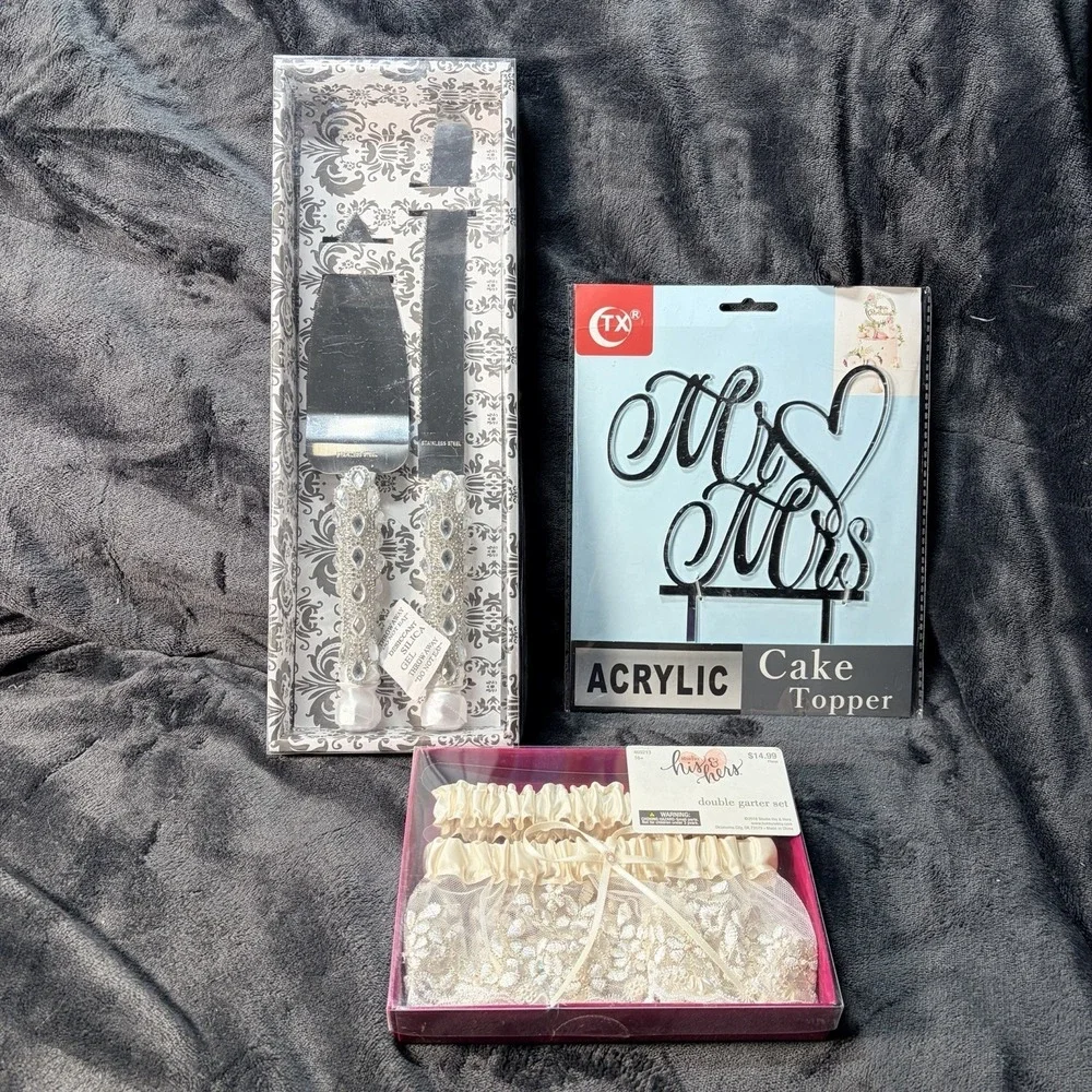 Wedding Cake Topper, Double Garter Set, Cake Knife, Silver New